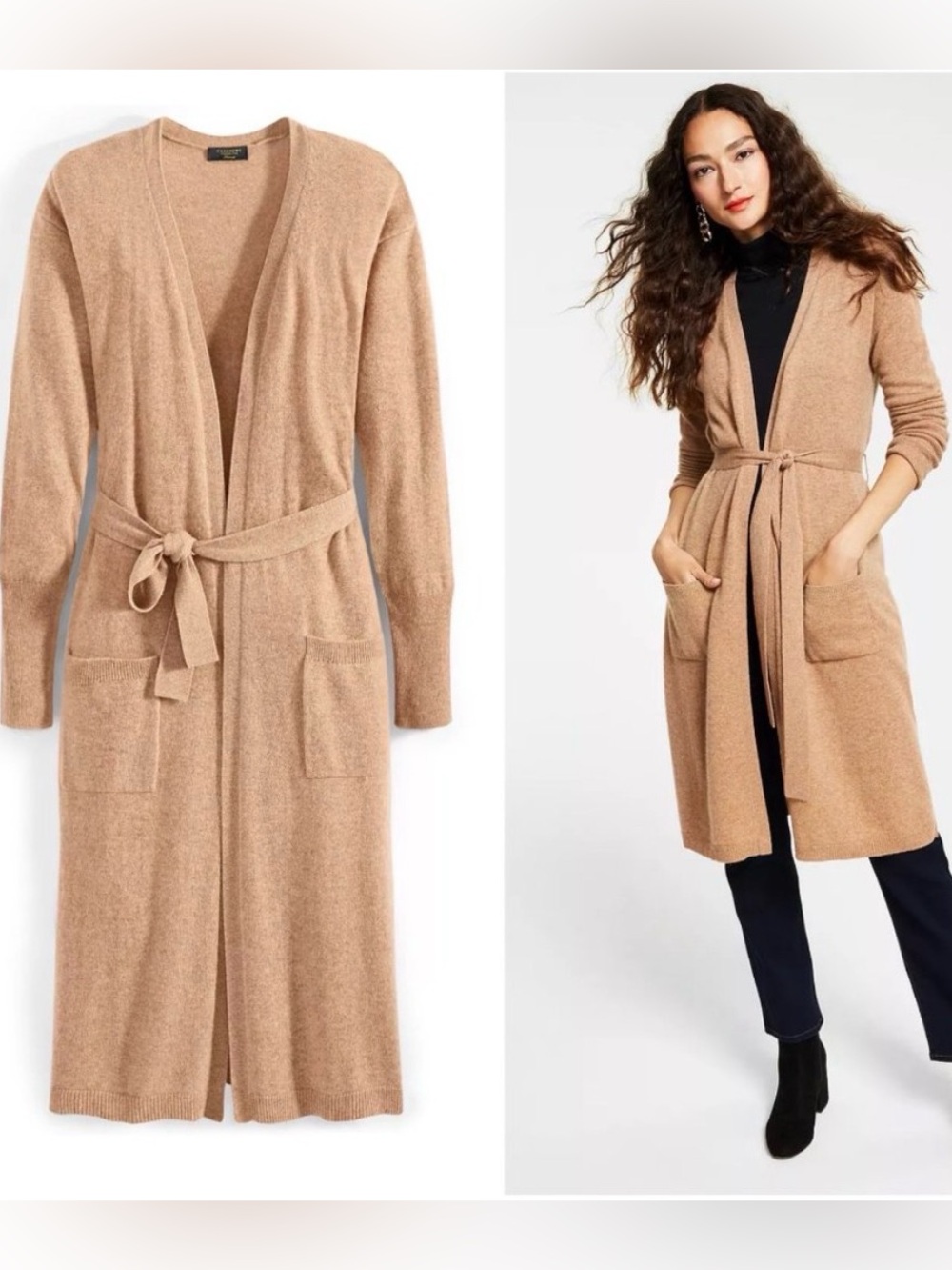 charter club heather camel 100% cashmere long line cardigan. no belt. nwt